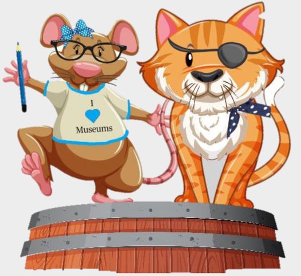 Cartoon of Mabel the Museum Mouse wearing glasses and a T-shirt reading 'I love museums', alongside Maritime Monty, a ginger cat with a piratical eyepatch and spotted blue neckcloth.